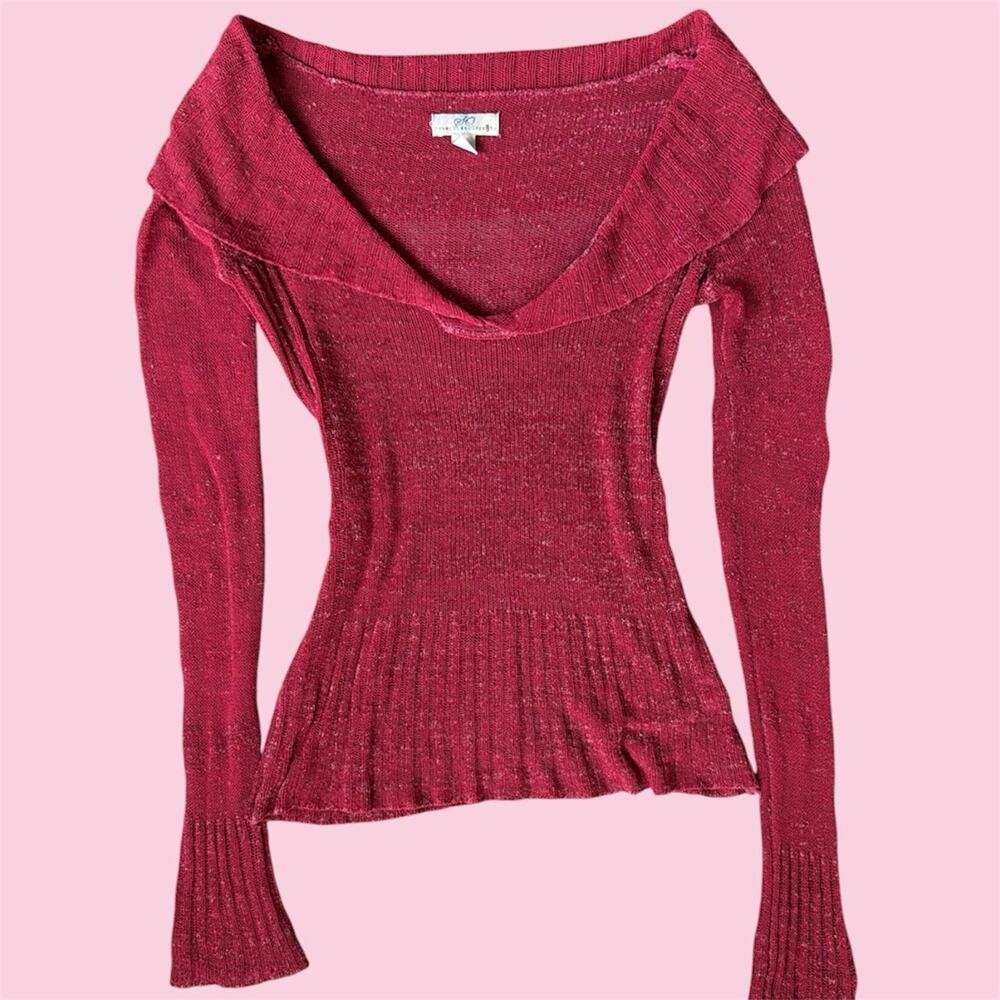 Y2K SO red off the shoulder sheer sweater with glittery texture
